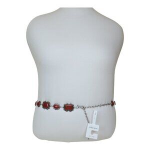 Haute Hippie Style Silver & Red Stone Chain Belt One Size Adjustable 41" Long